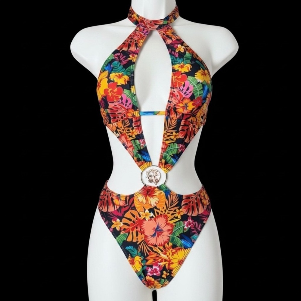 New Small Tropical‎ Floral Cutout Monokini O-Ring Halter One Piece Swimsuit